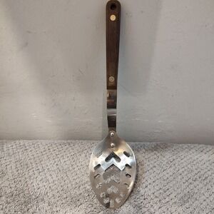 Vtg Stainless‎ Steel Slotted Spoon Wood Handle 10" USA Arrowhead EHP